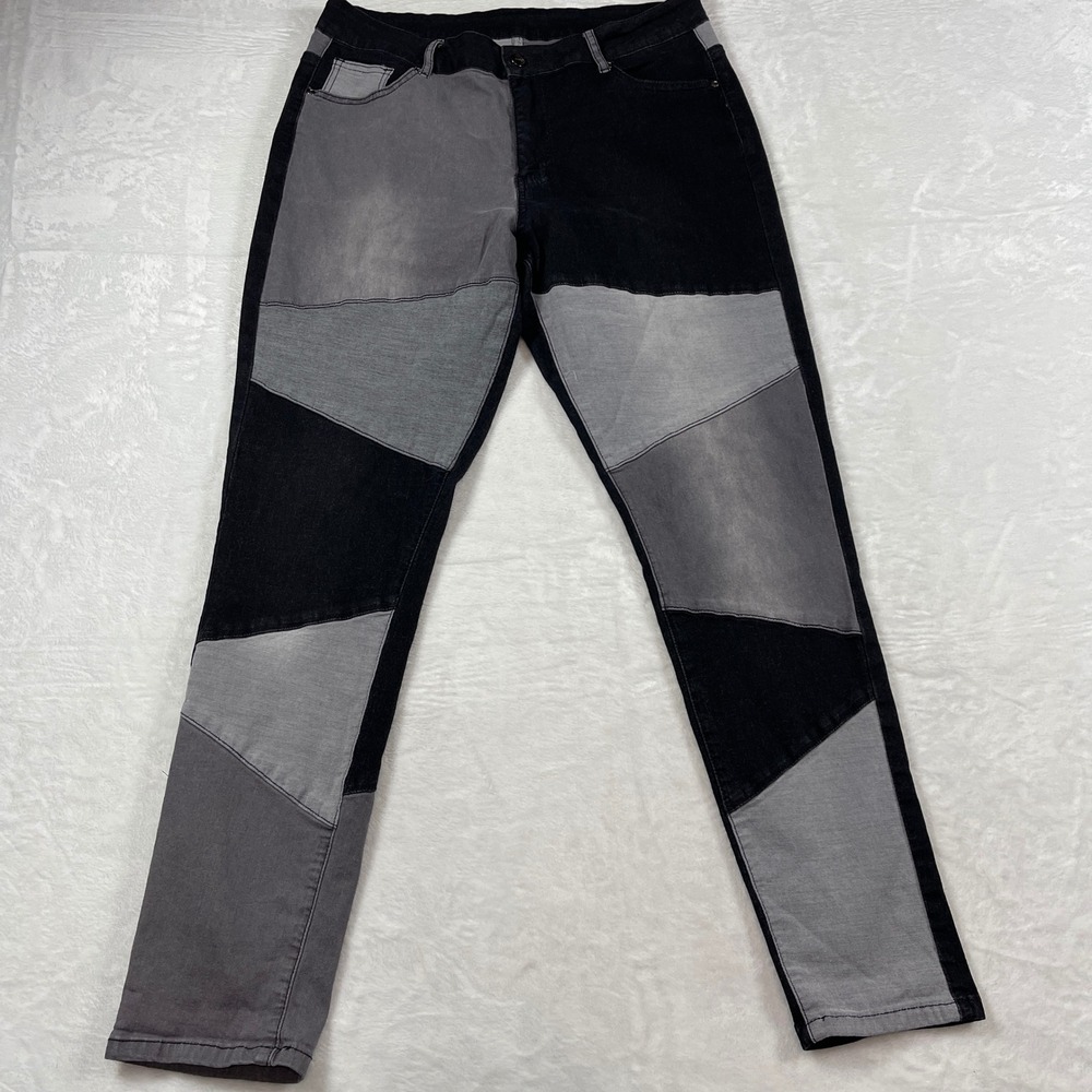 Patchwork Denim Jeans‎ Black Grey Geometric Streetwear XL Grunge Goth Colorblock